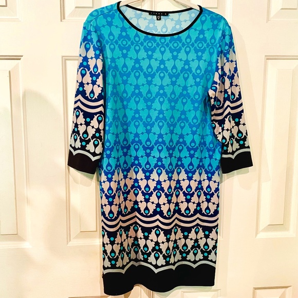 🌊 Geometric Tiana B Dress Colorful Blended Blues to Navy, Black & Gray Nautical - Picture 1 of 8